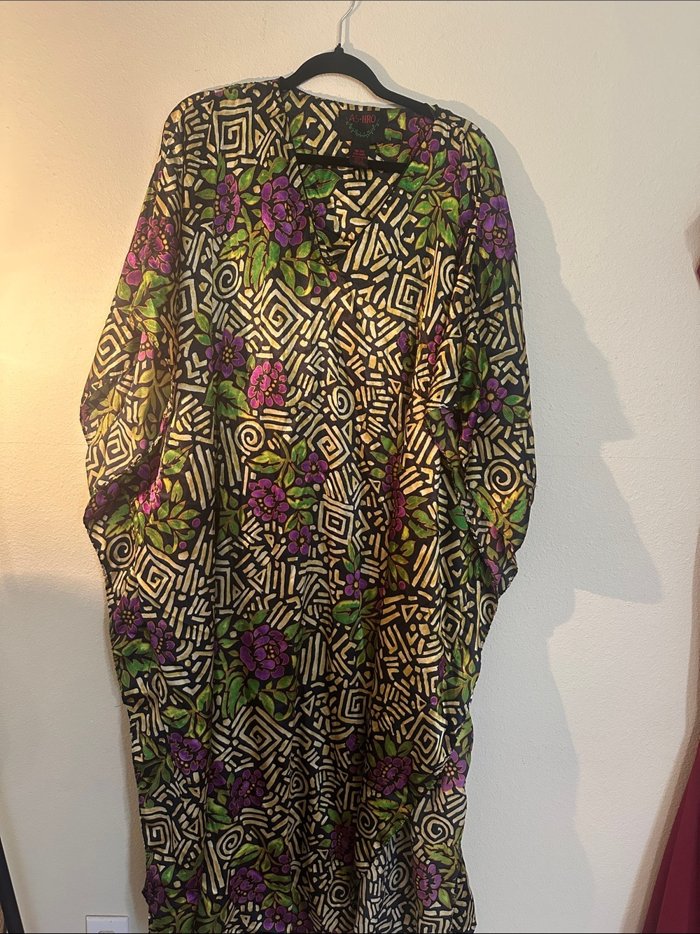 Ashro Black Kaftan with Purple Floral & Green Leaves